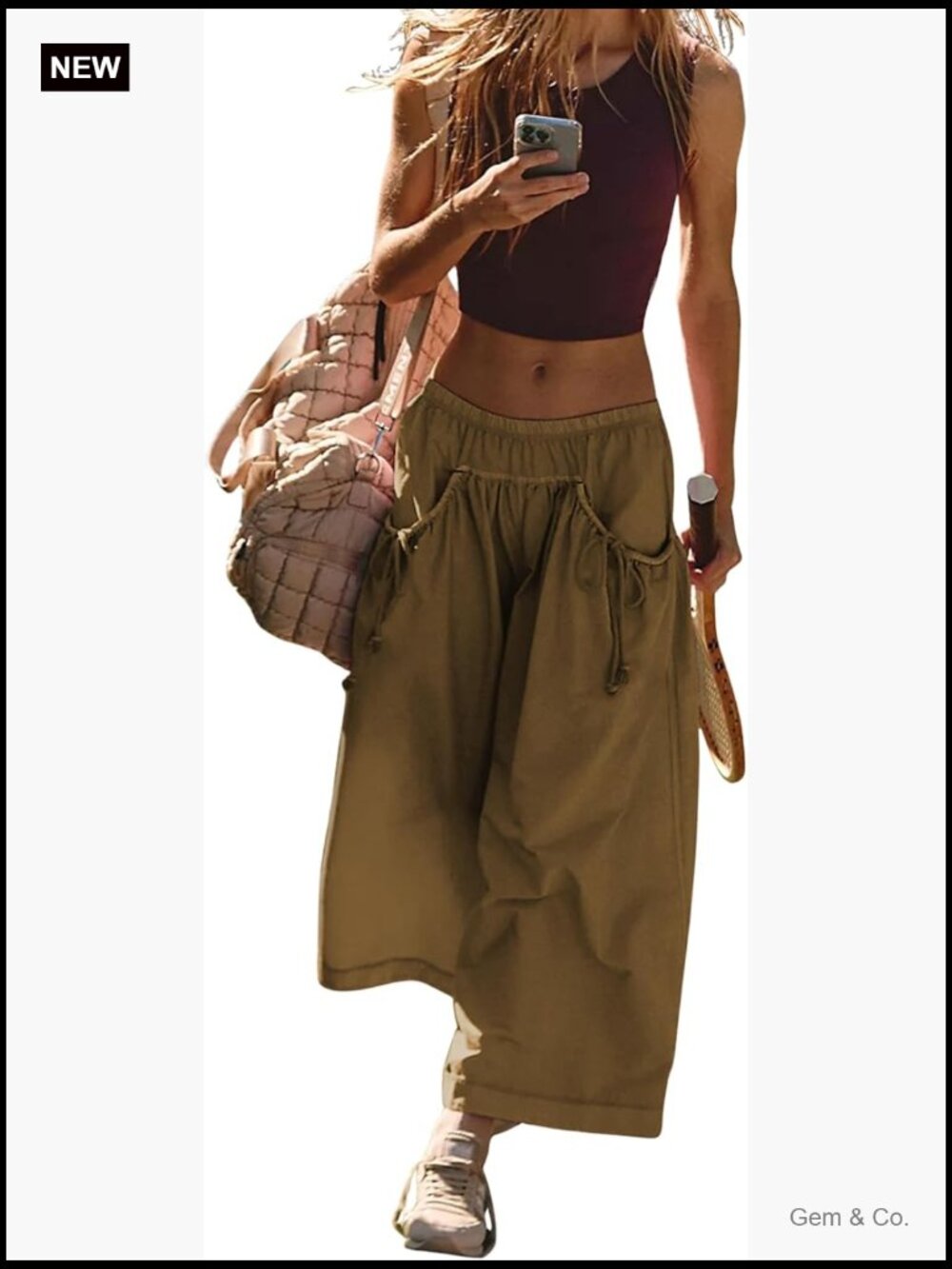 Wide Leg Track Pants Drawstring Pockets Elastic Waist Capri Hiking
